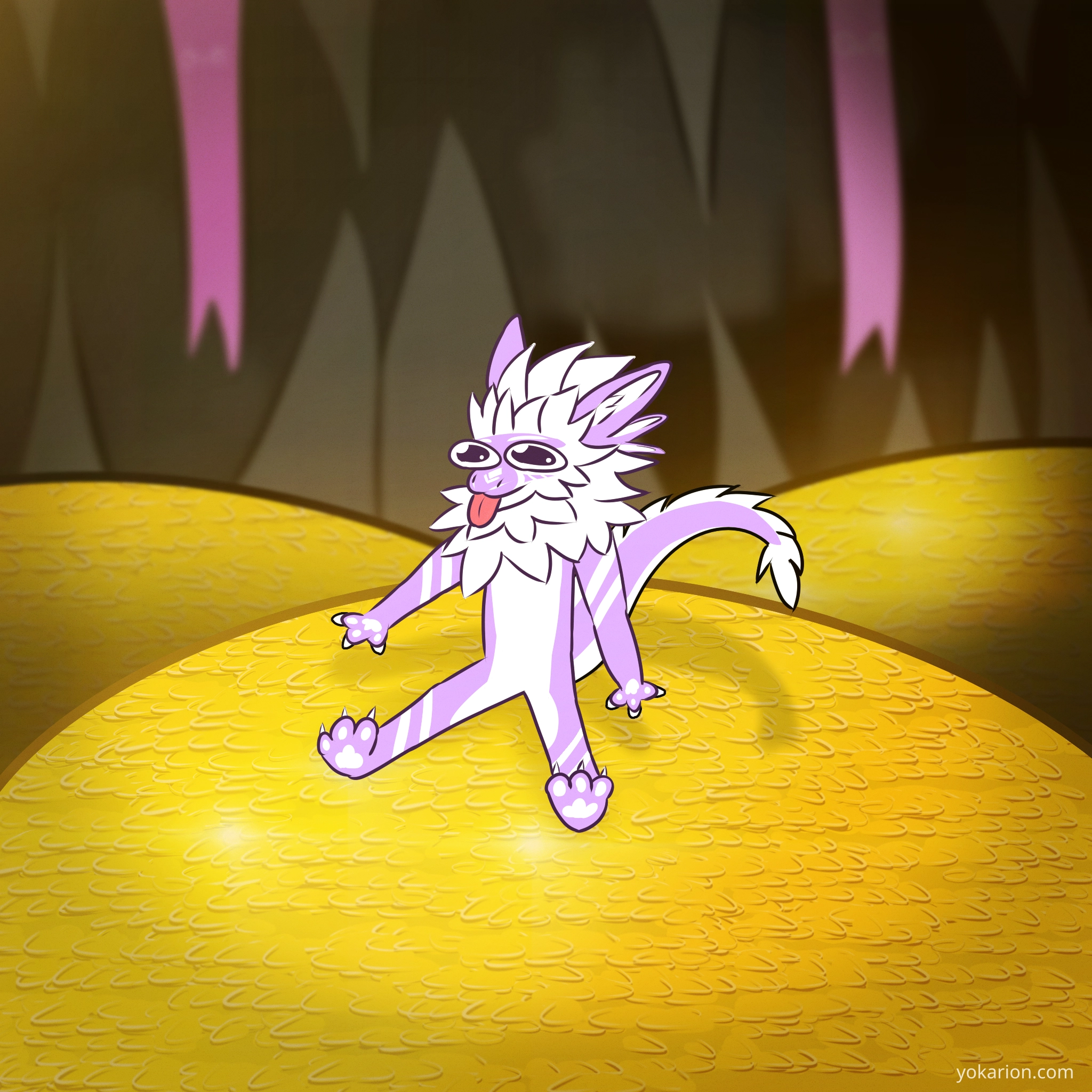 An introspective autistic dragon (Yokarion) rests quietly on a pile of coins in its hoard cave, surrounded by detailed patterns symbolizing accumulated meaning.